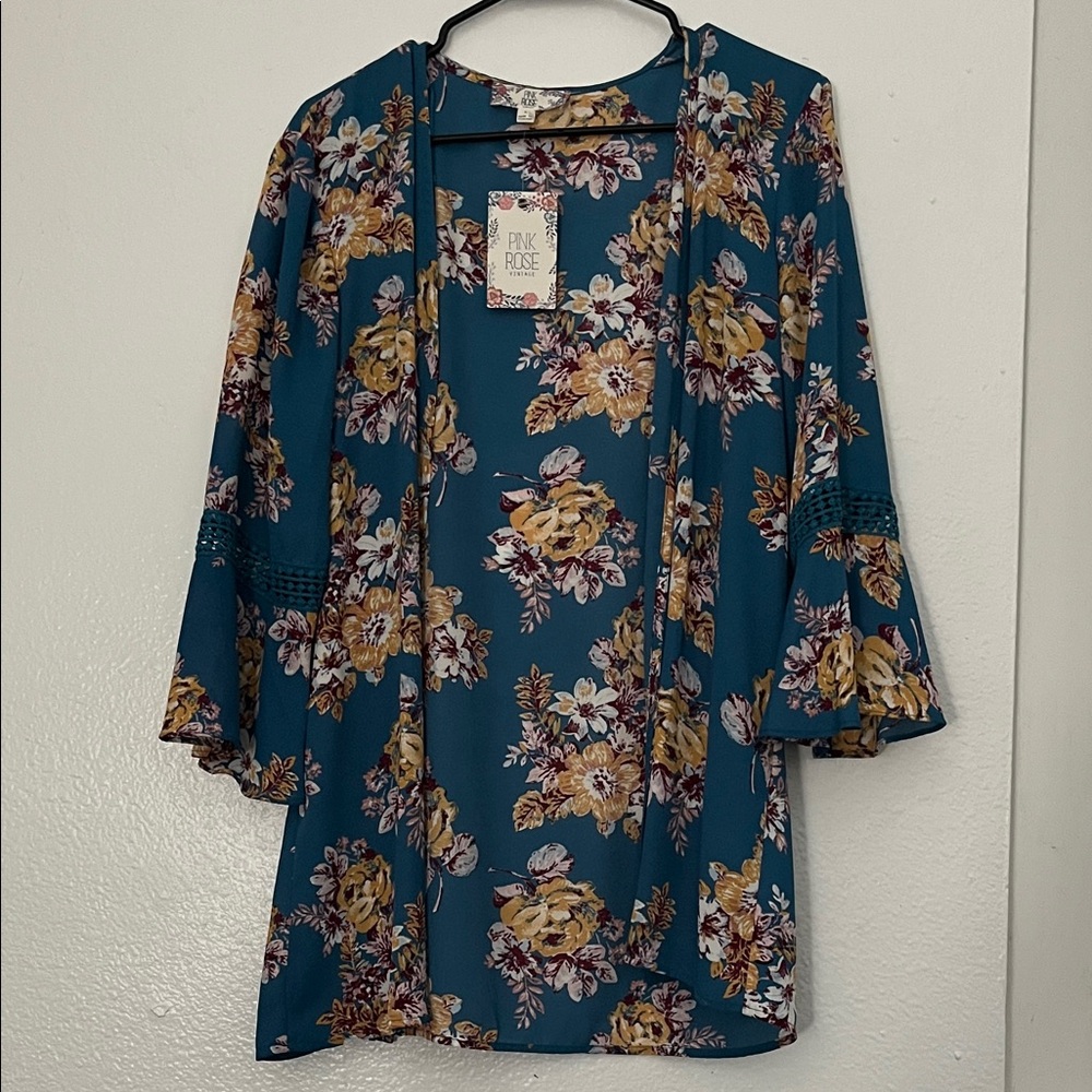 Pink Rose Teal Floral Kimono Blouse